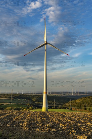 Wind farm near Bad Wünnenberg, Ostwestfalen Lippe, along the A44 motorway, North Rhine-Westphalia,