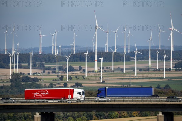 Wind farm near Lichtenau, bridge on the A44 motorway, Ostwestfalen Lippe, North Rhine-Westphalia,