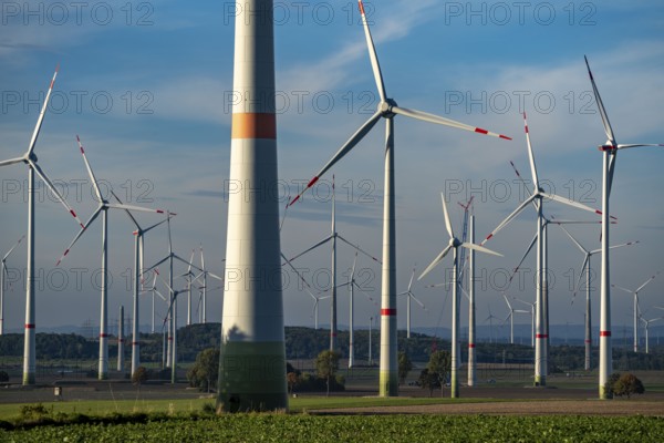 Wind farm near Bad Wünnenberg, Ostwestfalen Lippe, along the A44 motorway, North Rhine-Westphalia,