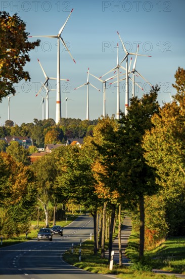 Wind farm near Lichtenau, federal road B68, wind turbines, autumn, North Rhine-Westphalia, Germany,