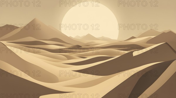 Abstract desert scene with triangular sand dunes and a single circular sun, using sharp lines and