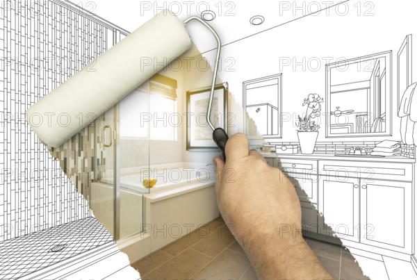 Before and after of man painting roller to reveal newly remodeled master bathroom under pencil