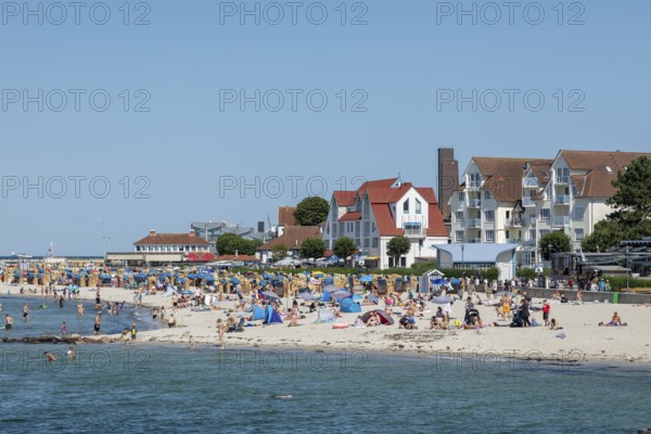 Houses, beach, people, marine memorial, Laboe, Schleswig-Holstein, Germany, Europe