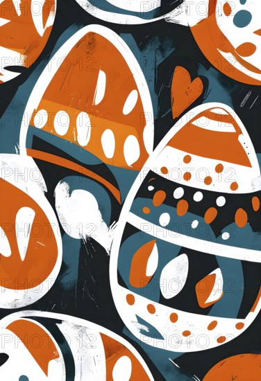 Illustration of an abstract Easter egg design with geometric patterns, bold colors, and a mix of