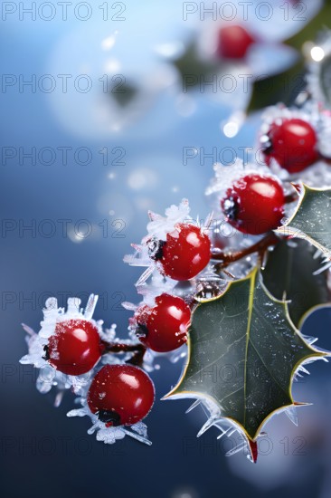 Frosty holly branch with vibrant red berries covered in delicate ice crystals, symbol for upcoming