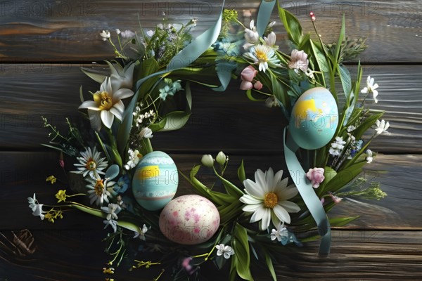 Spring wreath with pastel ribbons, speckled eggs, and blooming flowers, hanging on a wooden