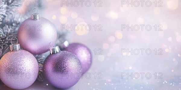 Christmas banner with pink and purple bauble ornaments with bokeh lights and copy space. Generative
