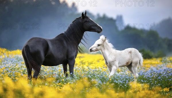 A black stallion and a foal, studio, AI generated