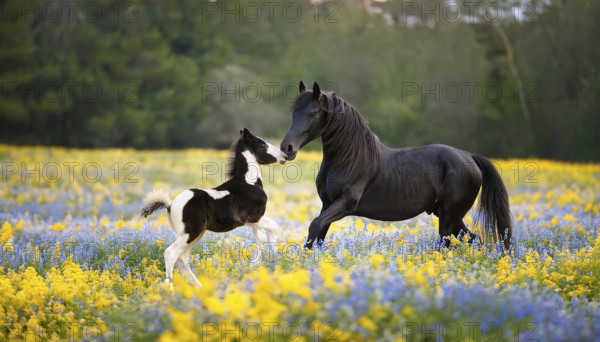A black stallion and a foal, studio, AI generated