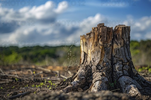 Close up of single rree stump. Deforestation concept. KI generiert, generiert, AI generated