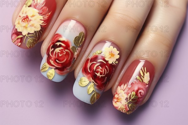 Woman's long fingernails with floral nail art. KI generiert, generiert, AI generated