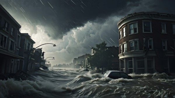 Hurricane with massive water flood battering coastal city, AI generated