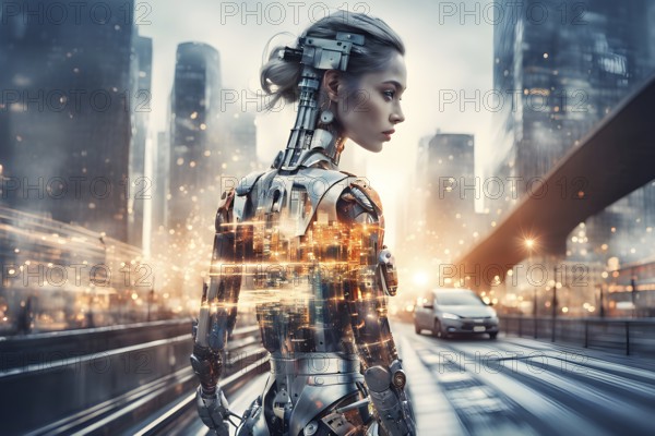 Digital representation of a multiple exposure photograph featuring a cyber human and an urban
