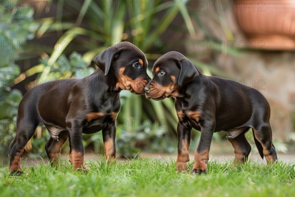 Two cute Dobermann pinscher pups playing together, AI generated