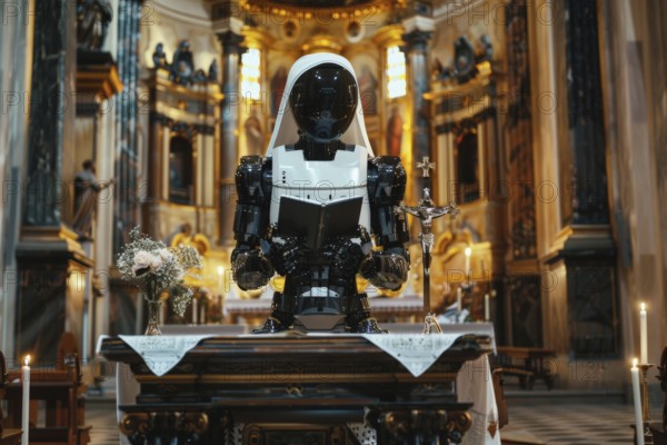 Humanoid with female attributes preaches on behalf of a human priest, female priest, at an altar in