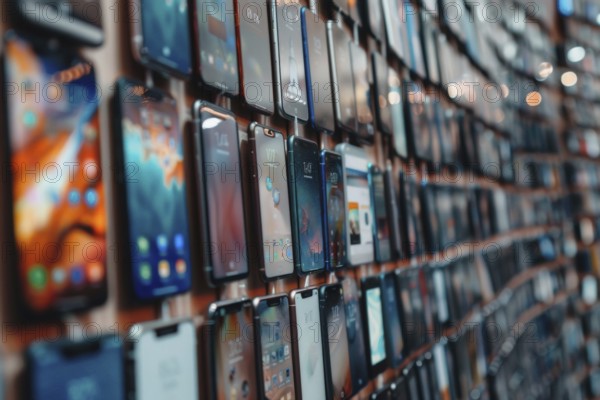 Various used smartphones and mobile phones lined up and fixed to a device. Symbolic image for a