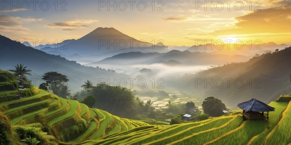 Early morning light bathes Philippines rice terraces cascading down mountain slopes, AI generated