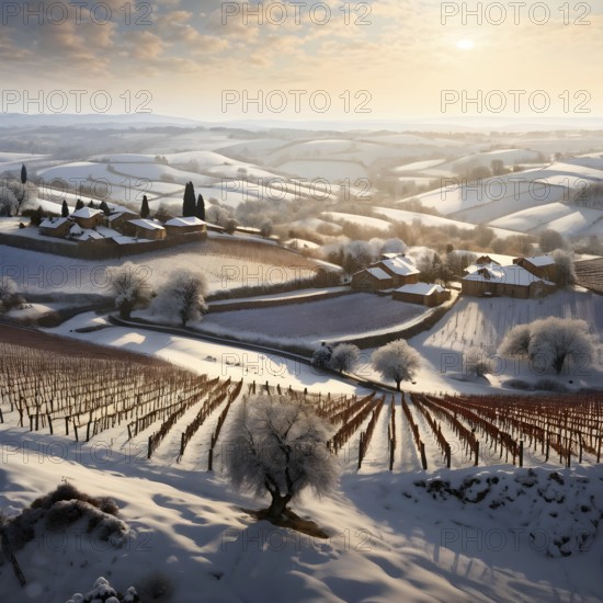 AI generated aerial view of winter in the vineyard with snow blankets dormant vines and ambient