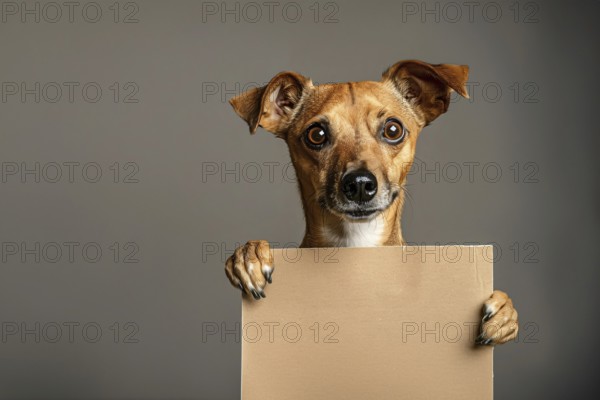 Dog holding empty brown sign in front of dark studio background. KI generiert, generiert, AI