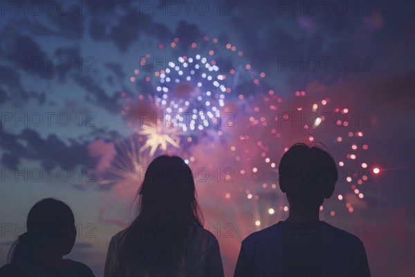 Back view of young people celebrating with fireworks in night sky. Generative Ai, AI generated