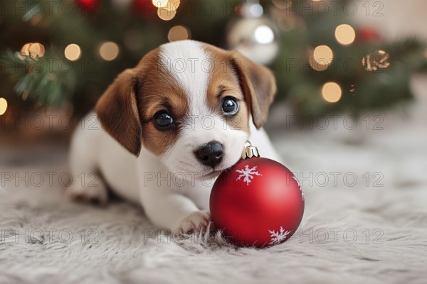 Young dog puppy playing with red Christmas tree bauble. Generative AI, AI generated