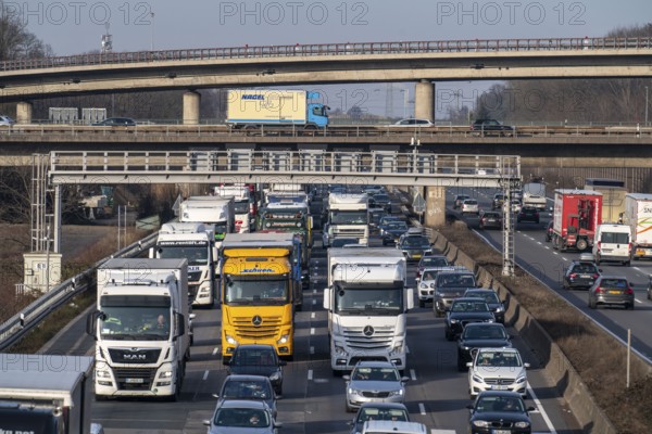 Traffic jam on the A3 motorway, at the Köln-Ost junction, heading south, four lanes jammed with