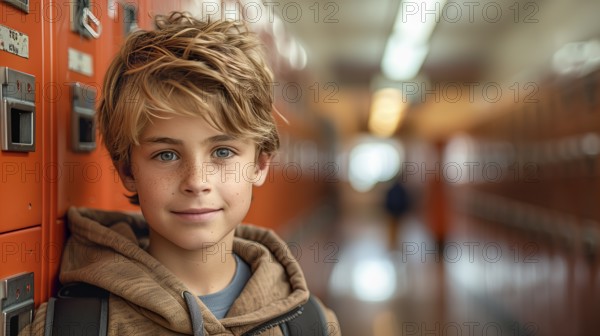 Cute caucasian school boy in the hallway of his school. generative AI, AI generated