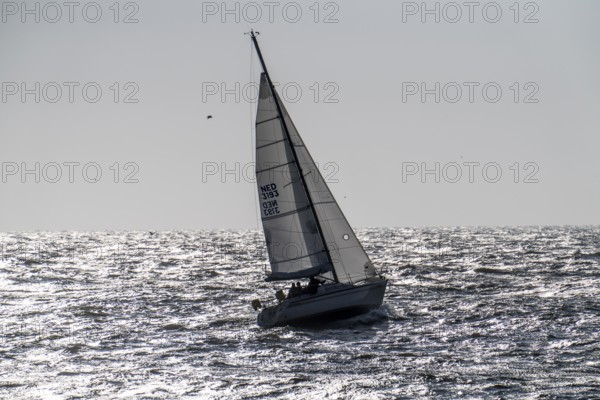 Sailing boat leaves the harbour of Scheveningen, Netherlands