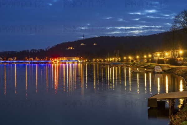 Lake Baldeney, illuminated dam, lake promenade, lock, left and hydroelectric power plant power