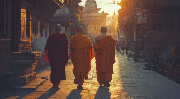 Tibetan Buddhist monks walk in kasaya robes on the streets of Kathmandu., AI generated