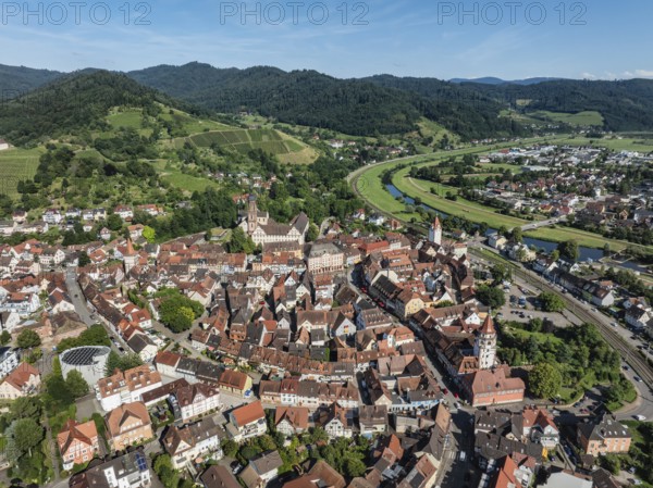 The old town centre of Gengenbach on the river Kinzig, aerial view, Ortenaukreis,