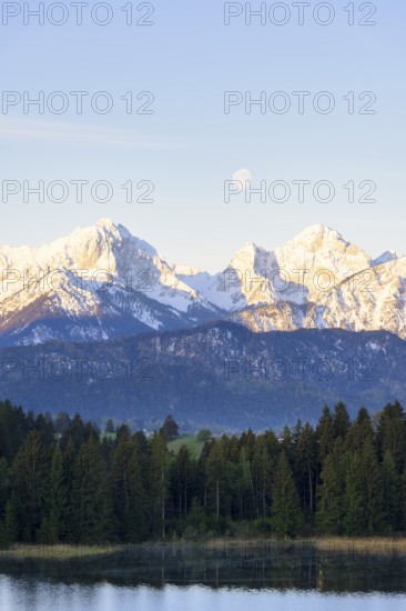 Hegratsrieder See near Füssen, Allgäu Alps, snow, moon, Allgäu, Bavaria, Germany, Europe