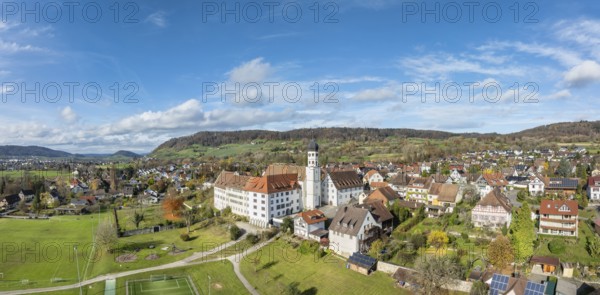 Aerial view, panorama of the former Augustinian canons' monastery and collegiate church in the Höri