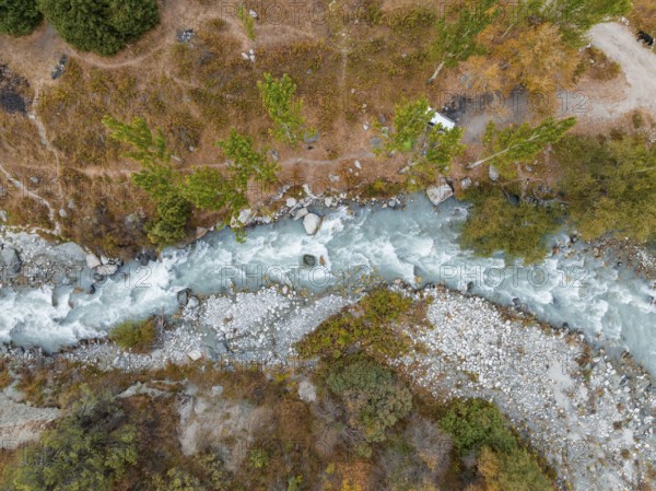 View down, aerial view, Ala Archa mountain stream, Ala Archa National Park, Khirgiz Ala-Too