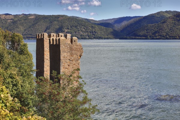 Wallachia, two towers in the Danube near Sivinita, Iron Gate nature park Park, Danube landscape,