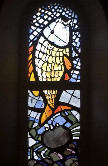 Contemporary stained glass at Notre Dame de la delivrance church, Popenguine, Senegal. Popenguine