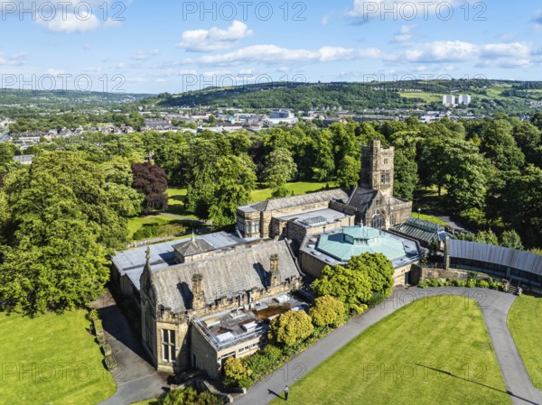 Cliffe Castle and Gardens from a drone, Keighley, West Yorkshire, England, United Kingdom, Europe
