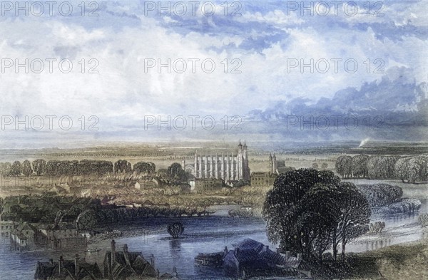 Eton seen from the terrace of Windsor Castle, England, Historical, digitally restored reproduction