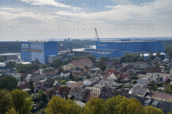 Town view with Peene shipyard, Wolgast, Usedom Island, Mecklenburg-Western Pomerania, Germany,