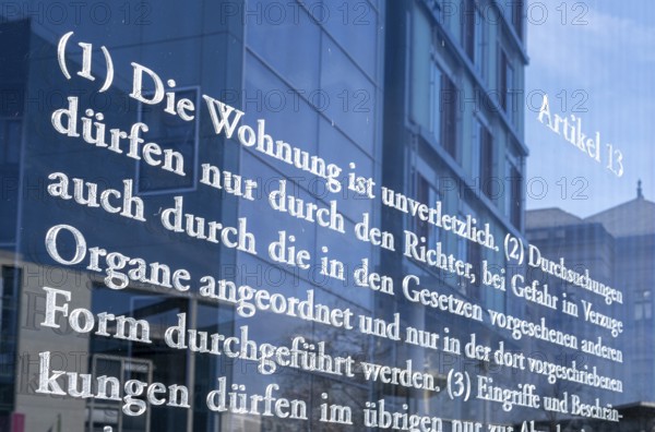Basic Law 49, glass wall with articles from the Basic Law, Berlin, Germany, Europe