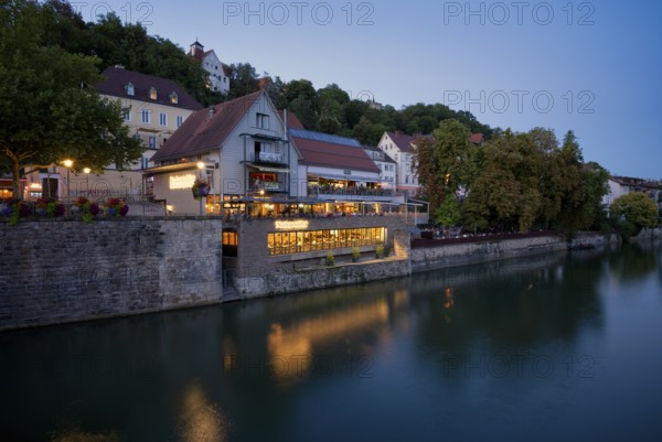 View in summer from the Neckar bridge to the Neckarmüller beer garden, El Chico restaurant,