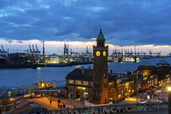 Port of Hamburg, view over the St. Pauli Landungsbrücken, Pegelturm, to the Blohm + Voss shipyard,