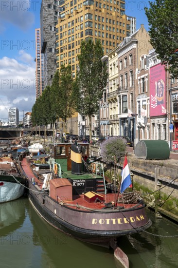 Rotterdam city centre, Oudehaven, historic harbour, historic ships, modern city backdrop,