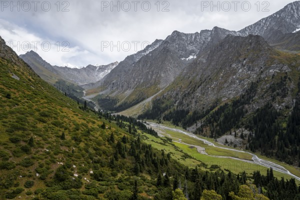 Green mountain valley with river and steep mountain peaks, Chong Kyzyl Suu Valley, Terskey Ala Too,