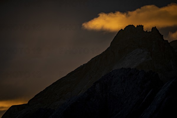 Montafon mountains with dramatic cloudy sky at sunrise, Tschagguns, Rätikon, Montafon, Vorarlberg,