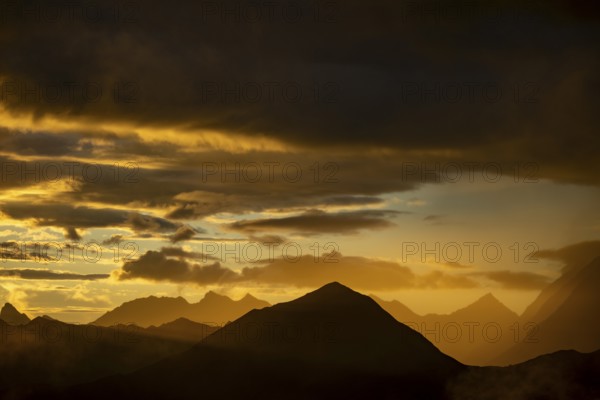 Montafon mountains with dramatic cloudy sky at sunset, Tschagguns, Rätikon, Montafon, Vorarlberg,
