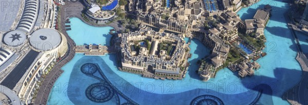 UAE, Dubai panoramic skyline view of city downtown and Dubai Mall