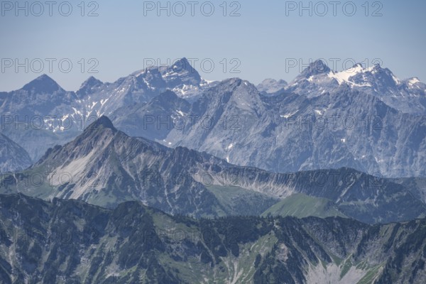 Seekarspitze and Seebergspitze mountain peaks, view from Hochunnütz, Brandenberg Alps, Tyrol,
