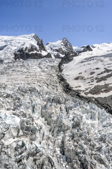 High alpine glaciated mountain landscape, La Jonction, Glacier des Bossons meets Glacier de