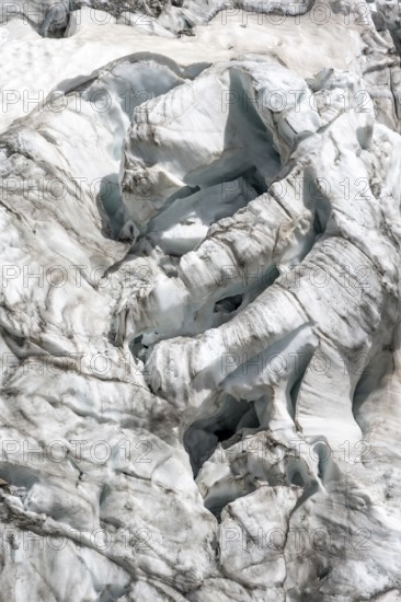 Glacier ice with crevasses, La Jonction, Chamonix, Haute-Savoie, France, Europe